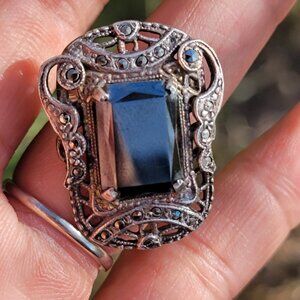 Gorgeous! Art Deco ornate marcasite emerald cut marcasite 925 sterling silver br